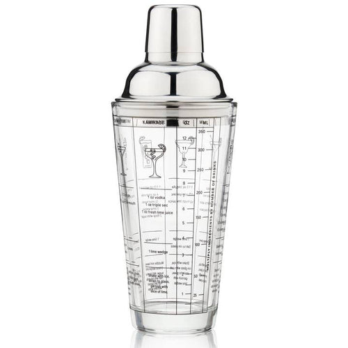 A stainless steel and glass cocktail shaker with printed cocktail recipes, measurements in oz and ml, and a shaker lid.