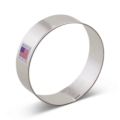 Metallic circle cookie cutter with 'Made in USA' label on a white background