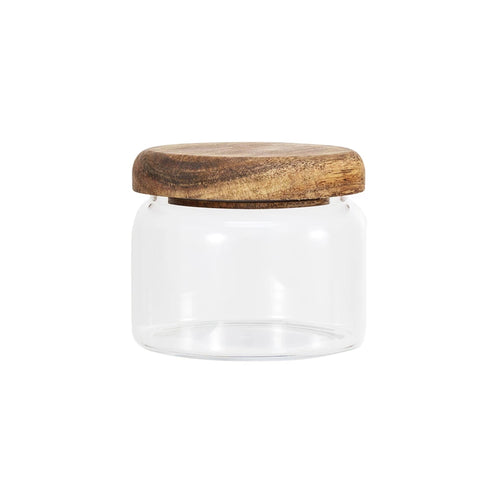 A clear glass canister with an acacia wood lid, suitable for food storage.