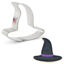 Witch hat cookie cutter with a sample cookie on a white background