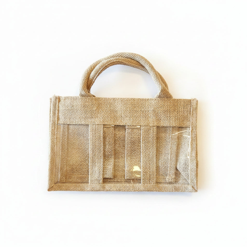 Burlap bag with clear panels on a white background