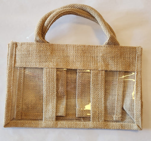 Burlap bag with clear panels on a white background