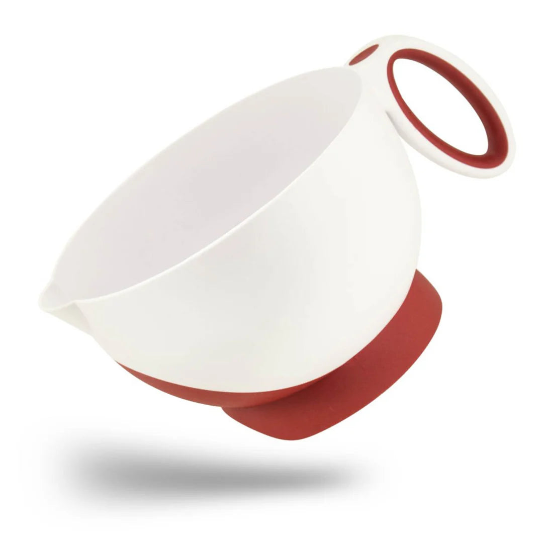 White and red plastic mixing bowl on a white background