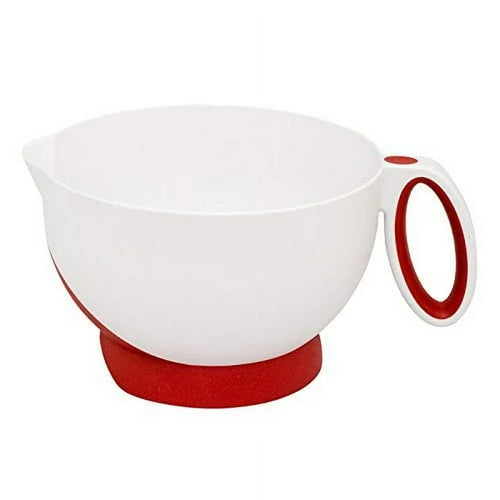 White mixing bowl cup with red accents and handle on a white background