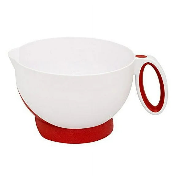 White mixing bowl cup with red accents and handle on a white background