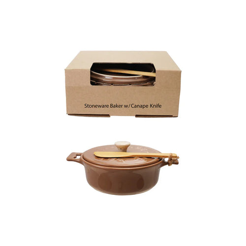 Stoneware Brie Baker W/Lid & Bamboo Spreader