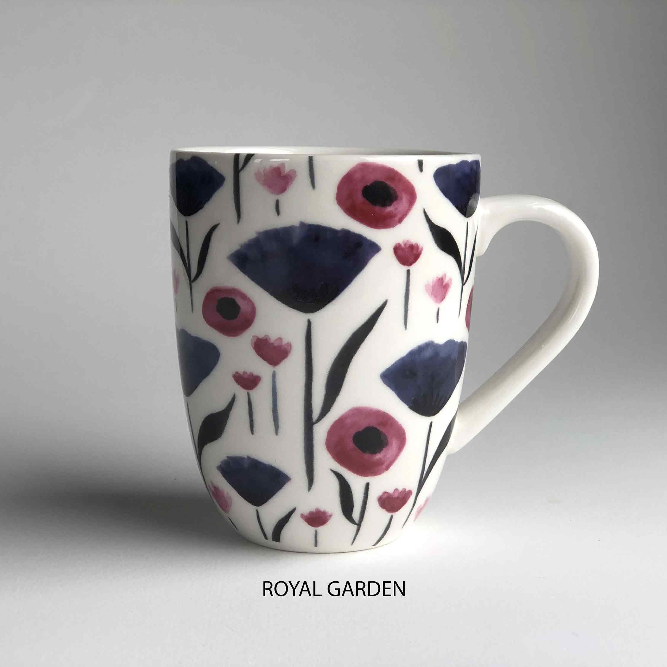 A ceramic mug with floral pattern and 'royal garden' description underneath.