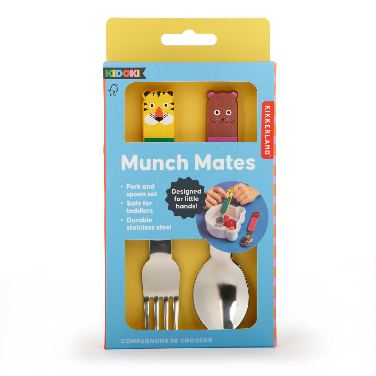 Kiddoki Munch Mates fork and spoon set packaging with cartoon characters on a white background