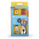 Kiddoki Munch Mates fork and spoon set packaging with cartoon characters on a white background