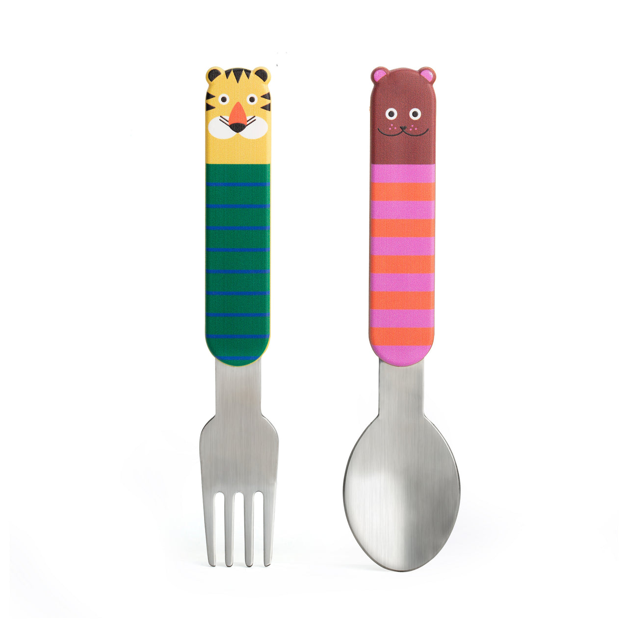 Children's fork and spoon set with animal-themed handles on a white background