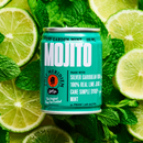 A can of Mojito by Post Meridiem surrounded by fresh lime slices and mint leaves. 