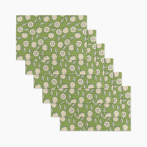Set of green dishcloths with floral pattern on a white background
