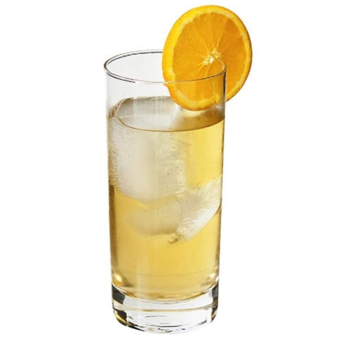 A clear highball-style drinking glass filled with a pale golden beverage and large ice cubes, garnished with a sliced orange resting on the rim, isolated on a white background.