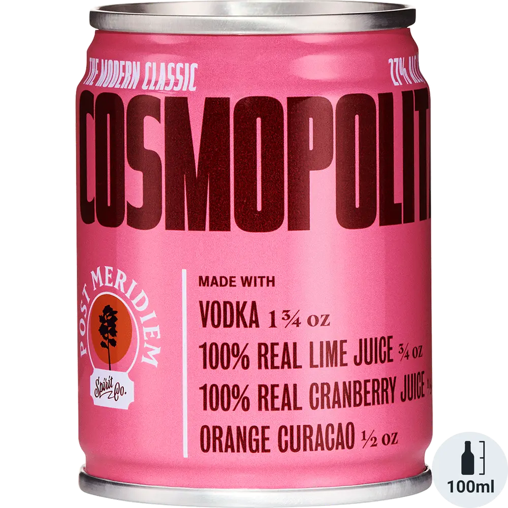 Pink can of Cosmopolitan cocktail with branding and ingredients listed.