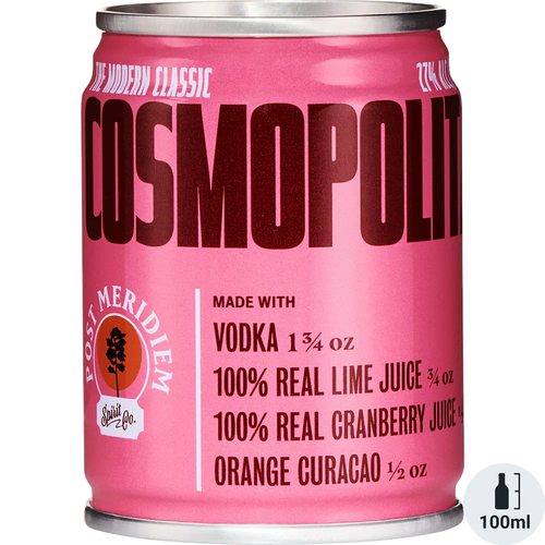 Pink can of Cosmopolitan cocktail with branding and ingredients listed.