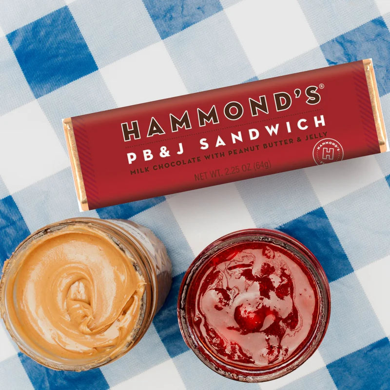 Hammond's PB&J Sandwich chocolate bar with peanut butter and jelly on a checkered background