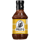 A bottle of Polly-Q Pineapple BBQ sauce on a white backround.