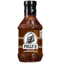 A bottle of Polly-Q Root Beer BBQ sauce on a white background.