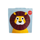 A sandwich bag with a cartoon lion design in shades of yellow, orange, and red.