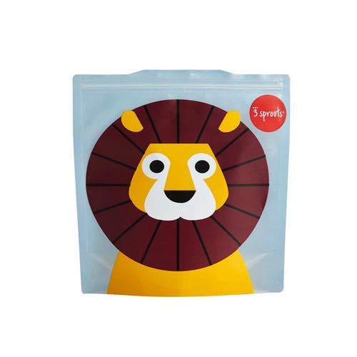 A sandwich bag with a cartoon lion design in shades of yellow, orange, and red.