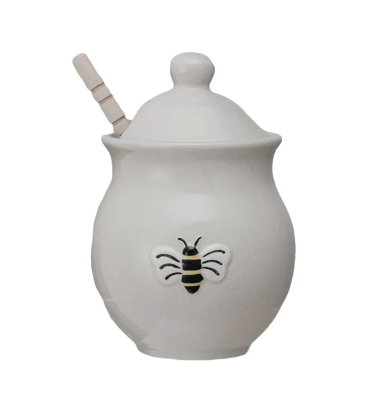 Stoneware Honey Jar w/ Embossed Bee & Wood Dipper
