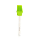 A mini basting brush with a stainless steel handle and green  silicone bristles on a white background.