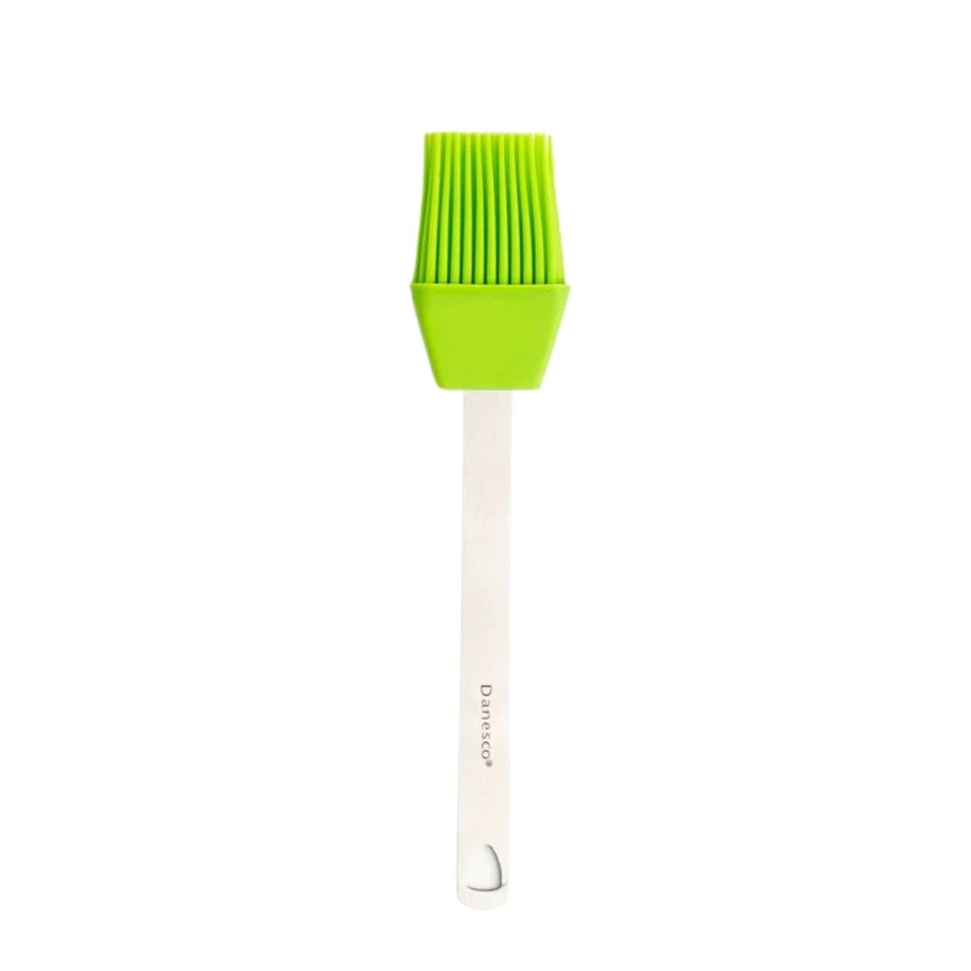 A mini basting brush with a stainless steel handle and green  silicone bristles on a white background.
