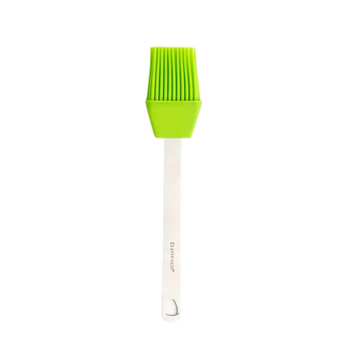 A mini basting brush with a stainless steel handle and green  silicone bristles on a white background.