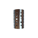 A brushed metal cylindrical holder with circular cutouts, displayed on a white  surface.