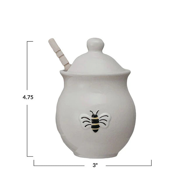 Stoneware Honey Jar w/ Embossed Bee & Wood Dipper