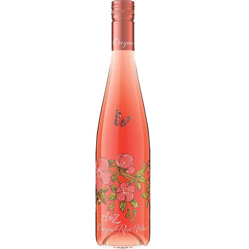 Bottle of A to Z Oregon Rosé Wine with floral and butterfly design on a white background