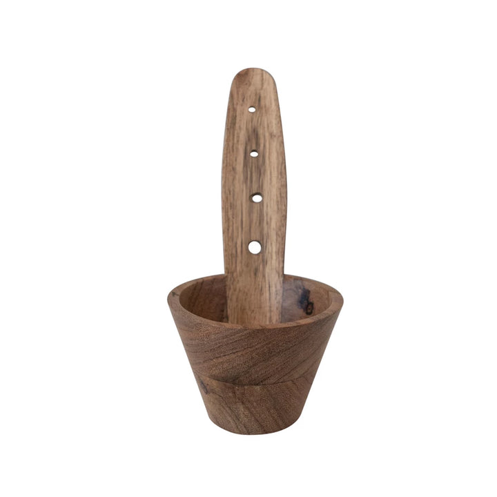 Acacia wood herb stripper with a handle and notches for stripping leaves from herbs.
