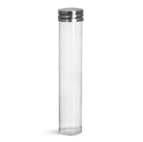 A clear acrylic test tube with a silver lid, designed for storing spices or other kitchen ingredients.