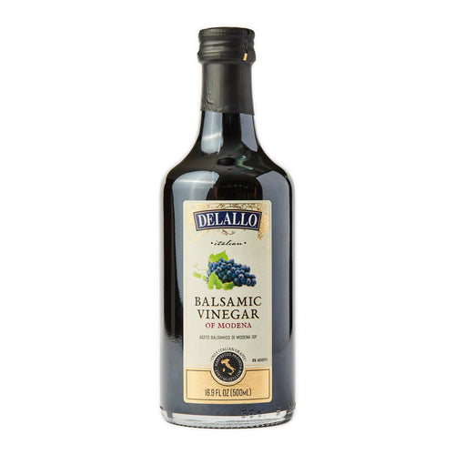 Bottle of Delallo Balsamic Vinegar on a white background