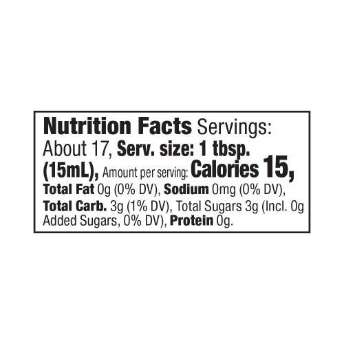 Nutrition facts label for a balsamic vinegar with serving size, calories, and nutritional content.