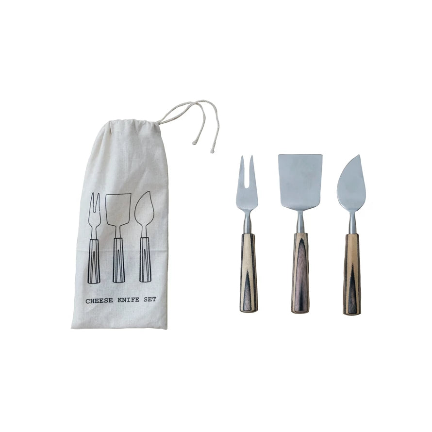 Stainless Steel Cheese Servers w/ Mango Wood Handles, Set of 3 in Bag