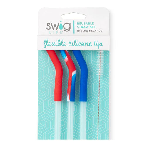 A set of three reusable straws with a silicone flexi-tip, shown in red, blue, and white colors, packaged with a cleaning brush in a clear plastic package with a blue patterned background.