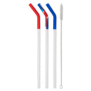 Three silicone straws with red, blue, and red-blue mixed tops along with a cleaning tool on a white background.