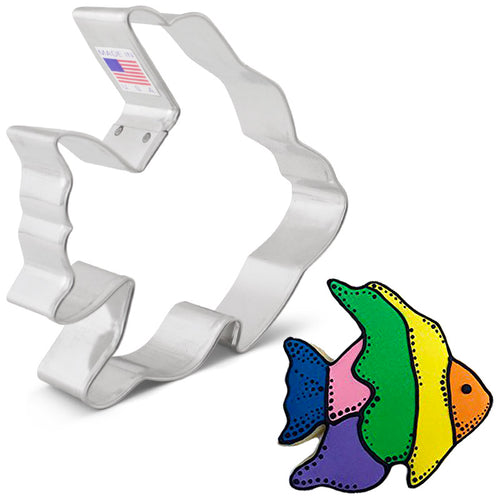 A silver-colored angel fish-shaped cookie cutter with a product label indicating it is made in the USA next to an example angel fish cookie.