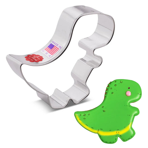 Dinosaur-shaped cookie cutter with a green dinosaur cookie example on a white background
