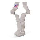 Metallic cookie cutter shaped like the leg lamp from A Christmas Story with a 'Made in USA' label on a white background