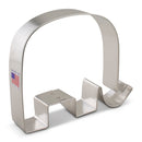 Metallic elephant cookie cutter with 'Made in USA' sticker on a white background