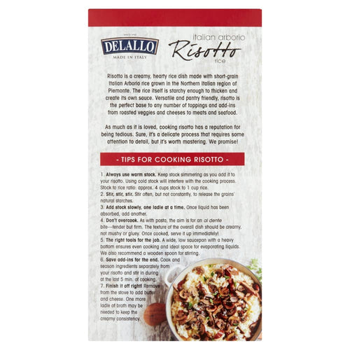Delallo Italian Arborio Risotto packaging with text and a small image of risotto.