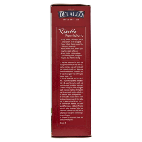 Red box of Delallo Risotto Parmigiano with white text on a white background
