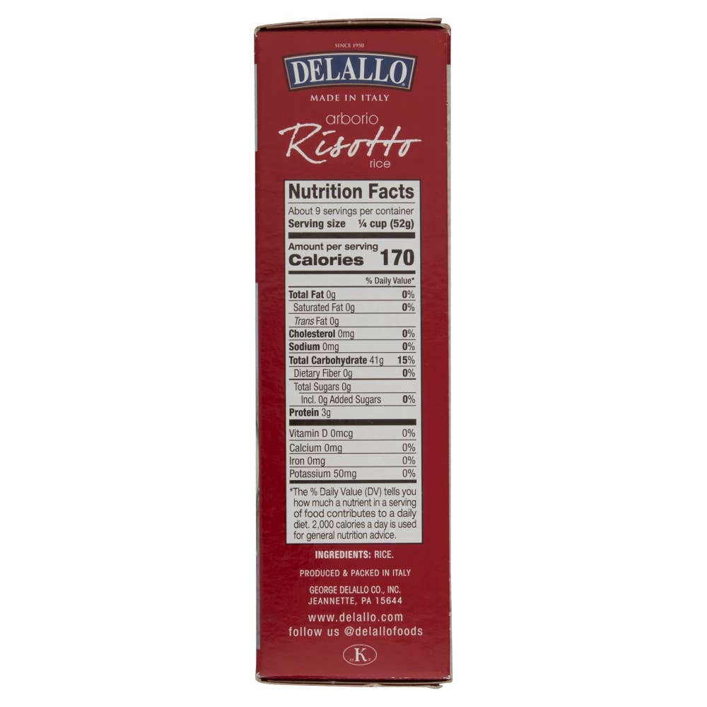 Red box of DeLallo arborio risotto with nutrition facts label on a white background