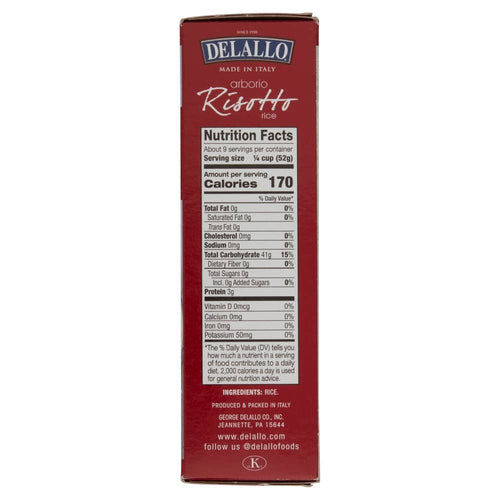 Red box of DeLallo arborio risotto with nutrition facts label on a white background