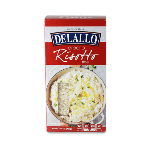 Box of Delallo Arborio Risotto rice on a white background