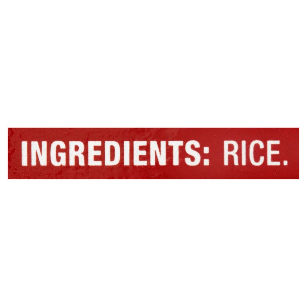 Red label with 'INGREDIENTS: RICE.' text on a white background