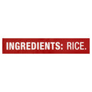Red label with 'INGREDIENTS: RICE.' text on a white background