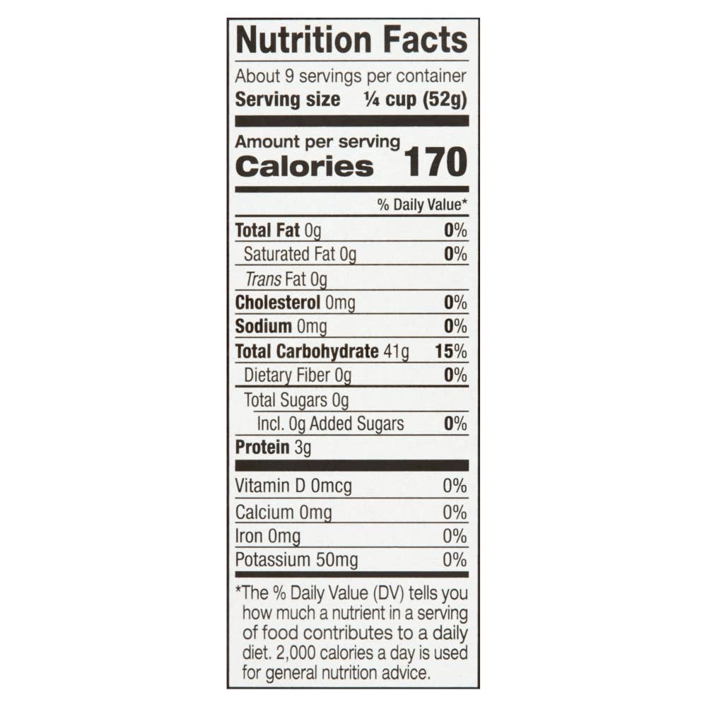 Nutrition facts label for a food product with serving size, calories, and nutritional content.